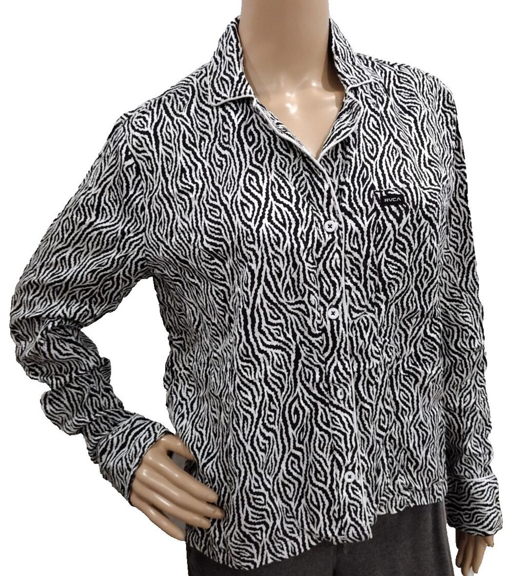 RVCA Women's Medium Black & White Pattern Long Sleeve Buttoned Pajama Top